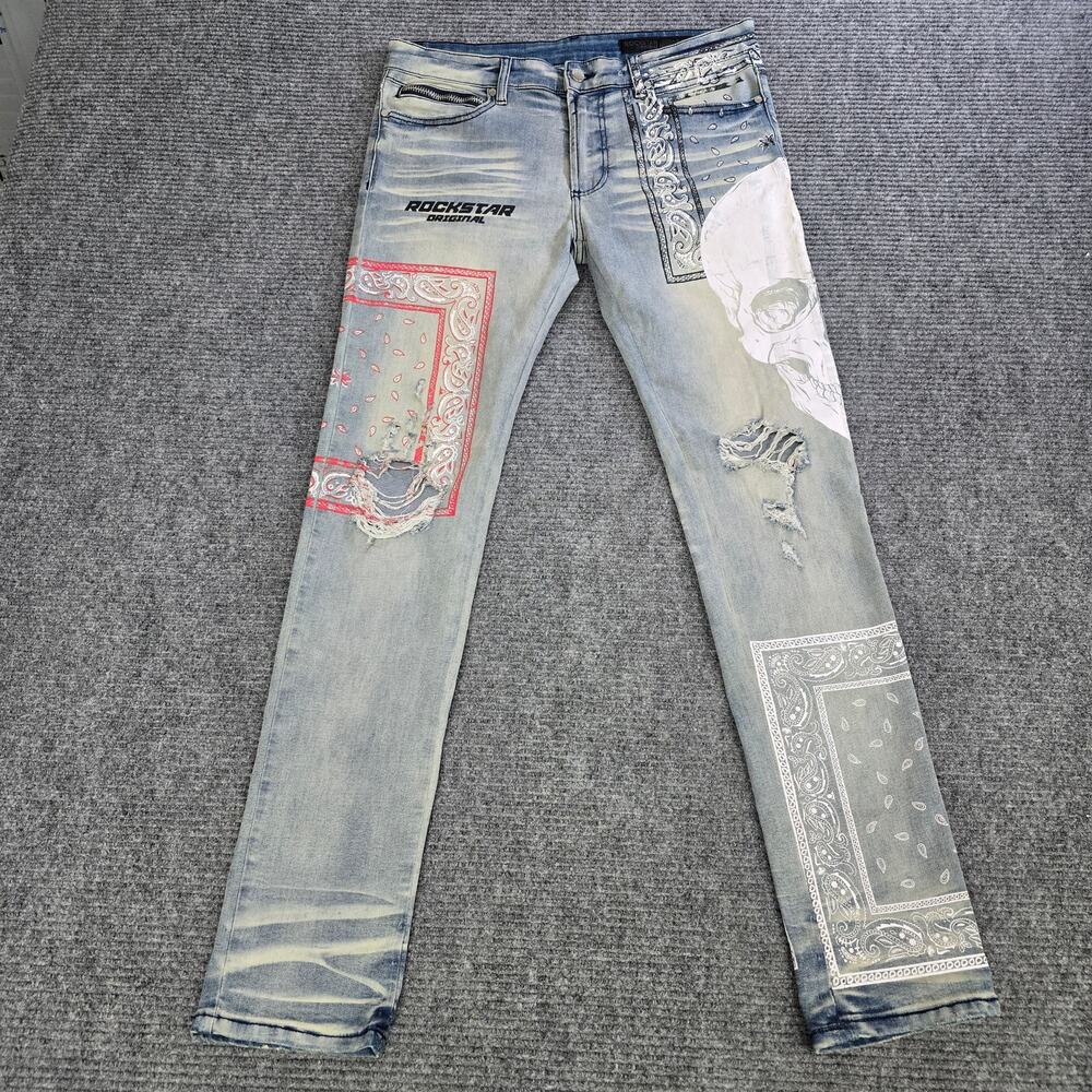 Rockstar Original Billie Blue Jeans Mens 34x34 Skull Bandana Ultra Slim